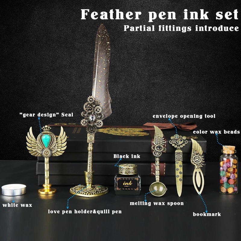 Aifeiter Feather Quill Pen ink Set,Calligraphy Pen Set,Wax Seal Stamp Set,Feather Calligraphy Pen Set,Beautiful Gift Calligraphy Set,Christmas Gifts-Grey - Image 2